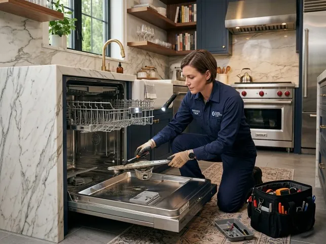 Appliance Repair Hero technician servicing a built-in dishwasher in a Bogart, GA kitchen