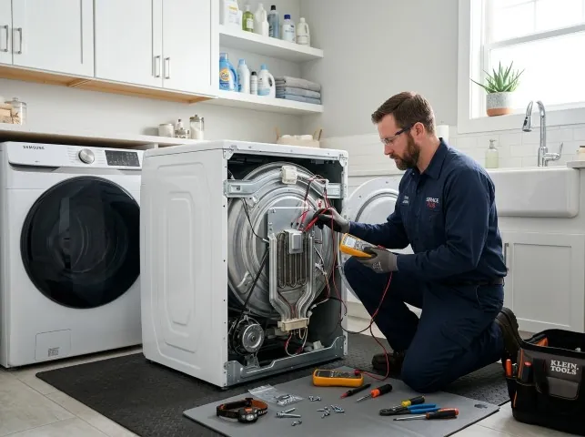 Appliance Repair Hero technician checking a dryer heating element with the rear panel off in Bogart, GA