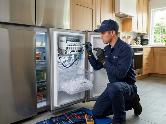 Appliance Repair Hero technician repairing a refrigerator ice maker in Bogart, GA