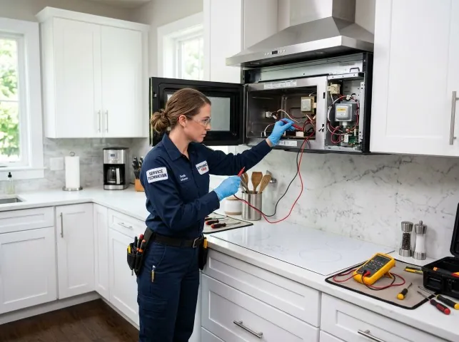 Appliance Repair Hero technician testing an over-the-range microwave in a Bogart, GA kitchen