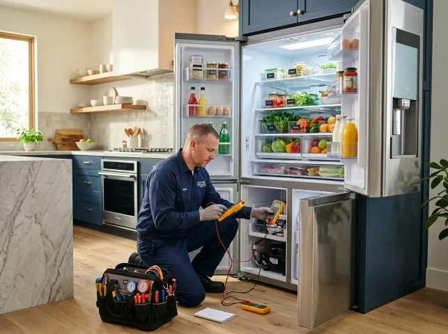 Appliance Repair Hero refrigerator technician testing a fridge on a Bogart, GA service call