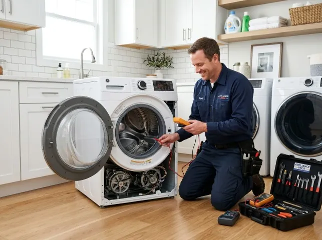 Appliance Repair Hero technician testing a front-load washer with a multimeter on a Bogart, GA service call